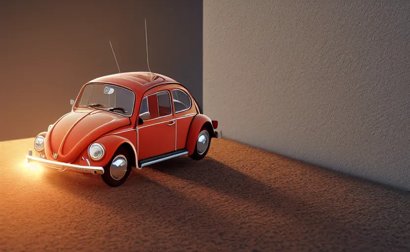 Image similar to a miniature of a VW Beetle on a bookshelf near a window at sunset, DOF, octane render, unreal engine 5, godrays, complementary colors, calm, symmetrical, highly detailed, high quality, 4k, beautiful, hyperrealistic