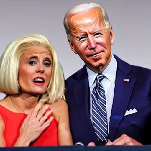 Prompt: photograph of Joe Biden and a gray alien wearing a blonde wig and a red dress, at a press conference