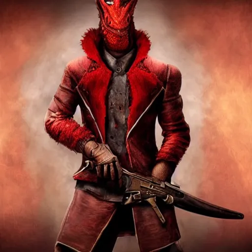 Image similar to Hyper realistic. Red dragonborn in a leather jacket holding an old gun