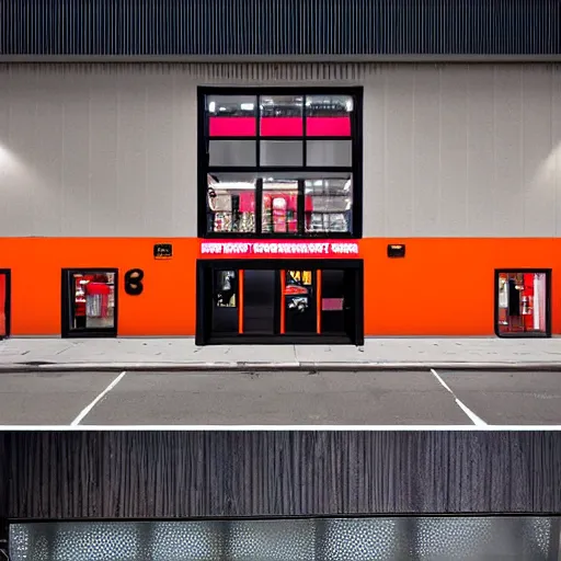 Prompt: Award winning shopfront design, convenience store, dark grey, anthracite with bright red and orange accents, perforated metal, paint, laser cut textures, highly detailed, bright signage, vinyl on glazing, retaildesignblog.net, pinterest, coroflot, behance.net, trending, best of