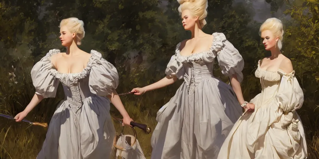 Prompt: three beautiful finnish norwegian scandinavian attractive glamour models as marie antoinette wearing 1 7 th century french off - the - shoulder neckline bodice walking in a field overcast, jodhpurs greg manchess painting by sargent and leyendecker, studio ghibli fantasy close - up shot asymmetrical intricate elegant matte painting illustration hearthstone, by greg rutkowski by greg tocchini by james gilleard