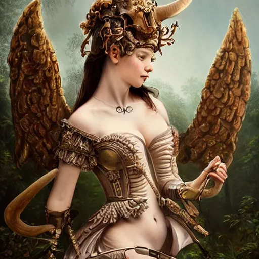 Image similar to A masterpiece ultrarealistic ultradetailed portrait of a Incredibly beautiful angel princess with Royal Tevton Knight Skull Full Iron Closed Helmet with Big Iron Bull Horns . baroque renaissance girl in the night forest. medium shot, intricate, elegant, highly detailed. trending on artstation, digital art, by Stanley Artgerm Lau, WLOP, Rossdraws, James Jean, Andrei Riabovitchev, Marc Simonetti, Yoshitaka Amano. background by James Jean and Gustav Klimt, light by Julie Bell, 4k, porcelain skin.