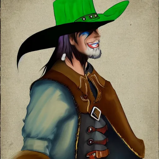Prompt: digital art of a green scaled anthro dragon with blue hair and an australian cowboy hat