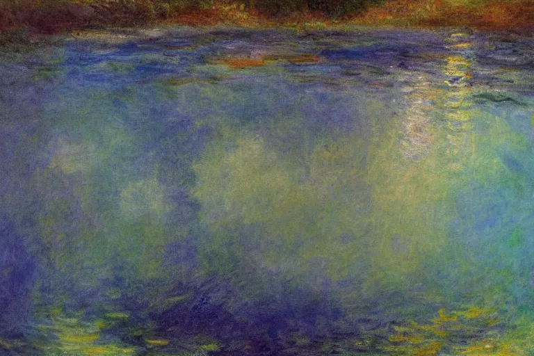 Prompt: underwater scene with volumetric lighting, oil painting in the style of Claude Monet