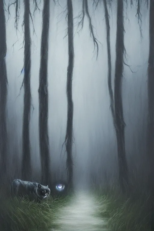 Prompt: dark and spooky woods featuring a menacing werewolf with glowing white eyes. atmospheric, foggy, oil painting on canvas. fairytale