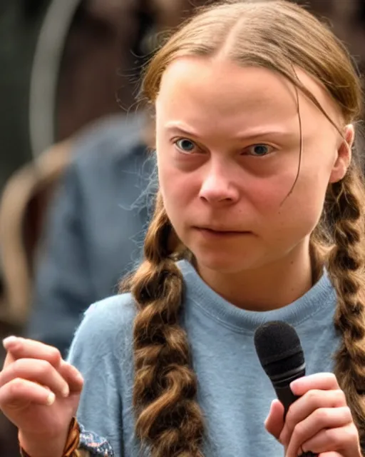 Image similar to film still close - up shot of greta thunberg giving a speech in a train station from the movie brokeback mountain. photographic, photography