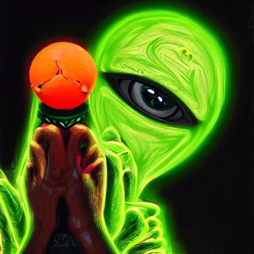 Image similar to a tennis ball monster starring into the camera, fixed eyes, flowing black coat with glowing neon orange trim, inside a museum, colorful, surreal, dramatic lighting, face, detailed, intricate, elegant, highly detailed, digital painting, artstation, chalk, concept art, smooth, sharp focus, illustration, art by basil gogos and sam pratt