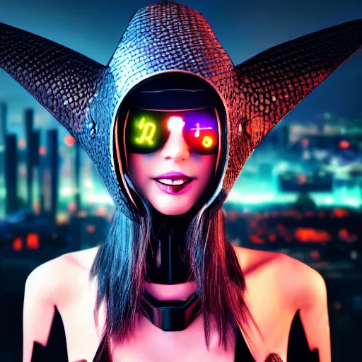 Prompt: detailed portrait cyberpunk robotic cybergirl with black witch hat on flying cyberbroom in night city 4 k, digital art, with cute face