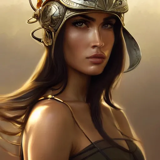 Prompt: an attractive young female with metal rings on her face wearing an burgonet helmet, megan fox, olive skin, long dark hair, beautiful bone structure, intricate, elegant, highly detailed, digital painting, artstation, concept art, smooth, sharp focus, illustration, art by artgerm and greg rutkowski and alphonse mucha