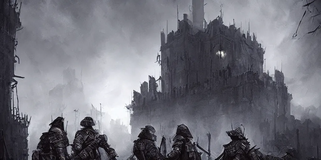 Image similar to grimdark fantasy fortress, trench crusade soldiers, terrifying architecture, looming, dark, fog, atmospheric cold lighting, dark souls, hyperrealistic, art by sparth