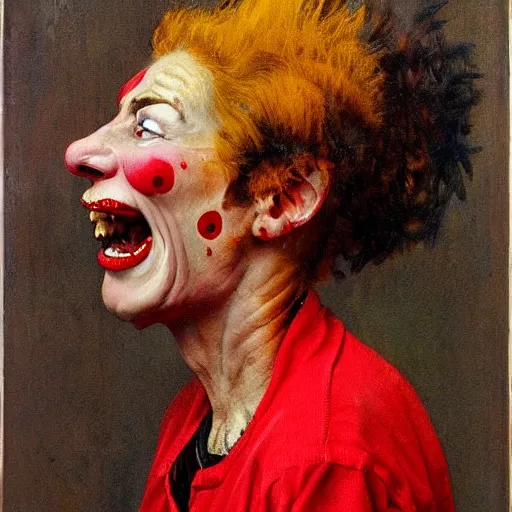 Image similar to Front portrait of a cackling punk woman with a red face. A painting by Norman Rockwell.