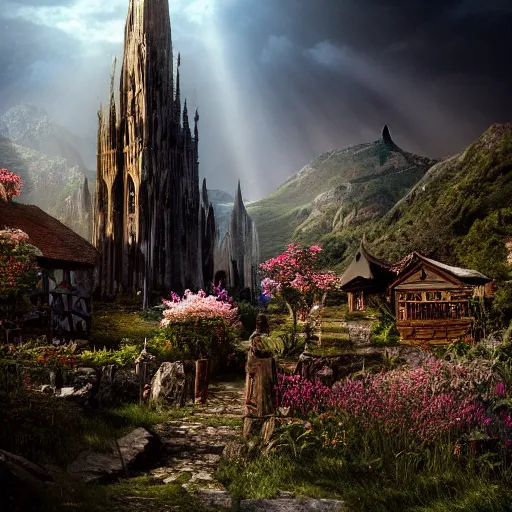 Image similar to the dark tower - the hobbit - j. r. r. tolkien - a medieval village in switzerland, ornate, beautiful, atmosphere, vibe, flowers, concept art illustration, greg rutowski, volumetric lighting, sunbeams, particles