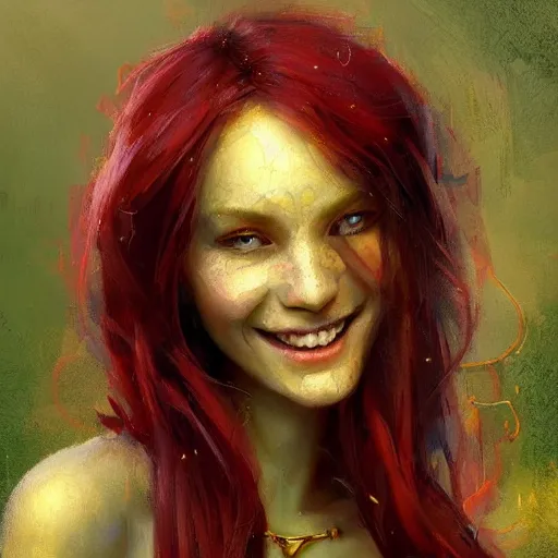 Prompt: Highly detailed painting of a beautiful young woman with long red hair, smiling by Craig Mullins and Ross Tran, Green dress, Golden Background, Fabric texture, Golden thread, intricate patterns, Trending on artstation, pinterest, cgsociety, 4k, 8k, HDR, award winning, unreal engine