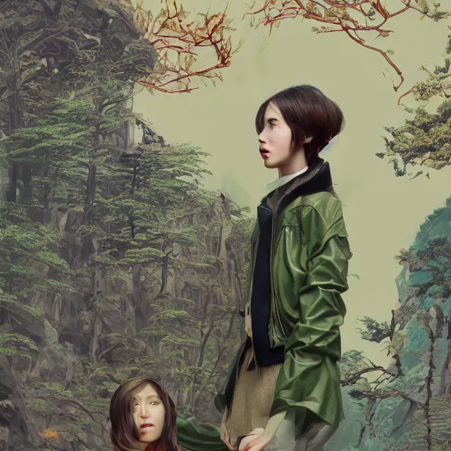 Image similar to portrait of alone androgynous girl wearing bakelite leather jacket, bakelite rocky mountains, moss green japanese haunted forest background, ultrafine hyperdetailed illustration by hsiao - ron cheng and artgerm, modular synthesizer 8 0 s sony stereo helmet backpack, the grand budapest hotel, glow, no crop, digital art, artstation, pop art