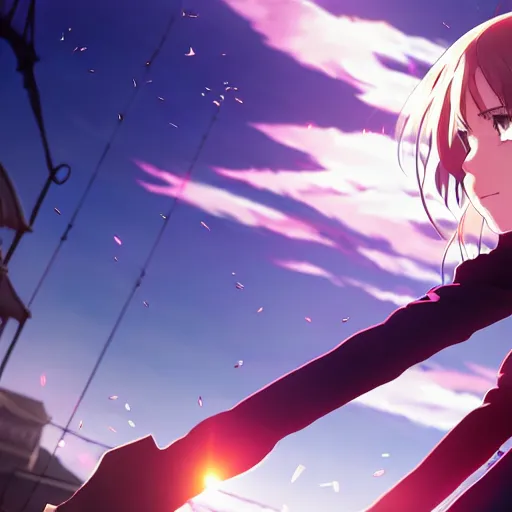 Image similar to emma watson, heavens feel movie, demon slayer, ufotable, kyoani, high quality, artstation, key visual, cinematic, city background, night time, rooftop, fate stay night, unlimited blade works, greg rutkowski, high resolution, dynamic pose, extreme close up, rin outfit, anime, high angle, high budget