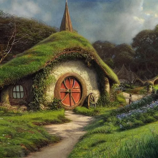 Image similar to beautiful serene hobbiton, by alan lee, lord of the rings, smooth, detailed terrain, oil painting, matte painting concept art, trending on art station