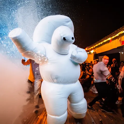 Image similar to cinematic photo of the michelin man dancing at a foam party with party lights