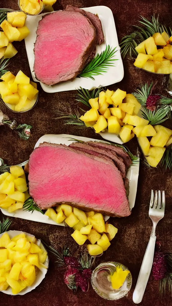 Prompt: 6 0 s food photography of a slab of roast beef, covered in jelly and pineapples, tropical vibes, on a velvet table cloth, soft focus