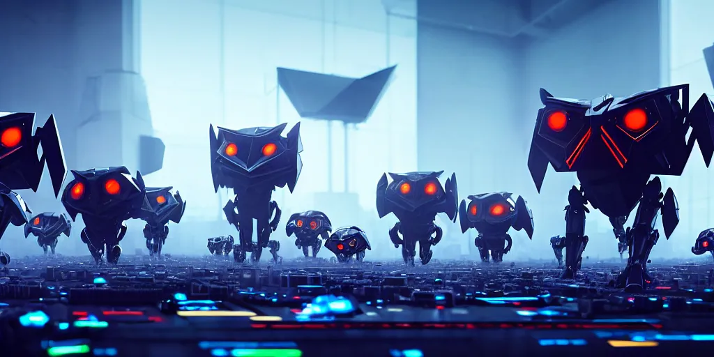 Image similar to an army of evil, malevolent, giant robot mechanical owls surrounded by computers and computer screens. this 4 k hd image is trending on artstation, featured on behance, well - rendered, extra crisp, features intricate detail and the style of unreal engine. volumetric lighting octane render