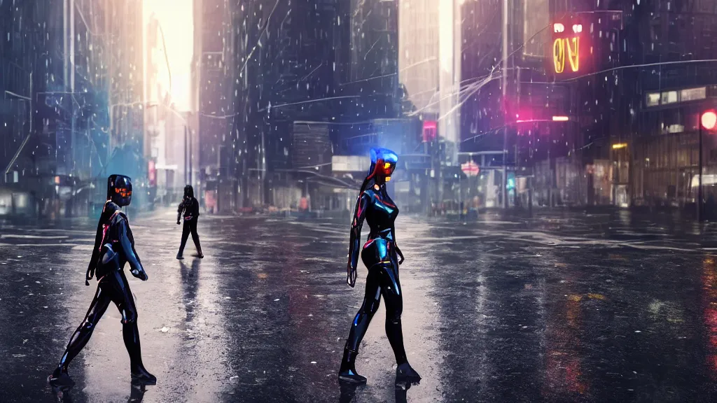 Image similar to modern sci-fi ninja woman with a sword and transparent plastic rainjacket and translucent clothing, walking towards oncoming busy traffic trucks and cars, in downtown chicago, daytime, wet floor on streets, matte painting, unreal engine, cinematic camera, mirrors edge, sunset overdrive