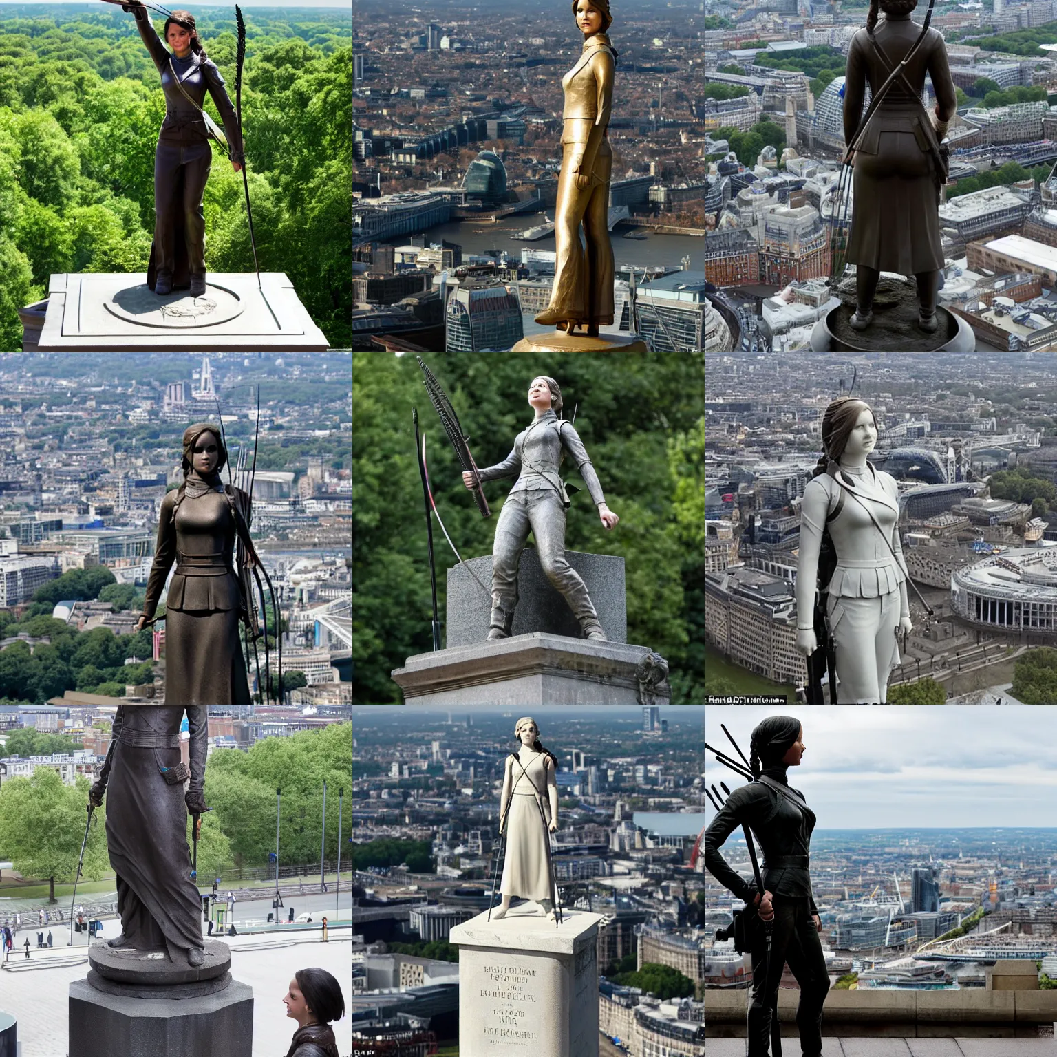 Prompt: the statue of katniss everdeen stands atop a large plinth with london below
