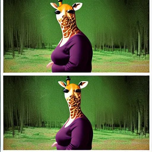 Image similar to a fat grandma turning into a giraffe, vfx, detailed