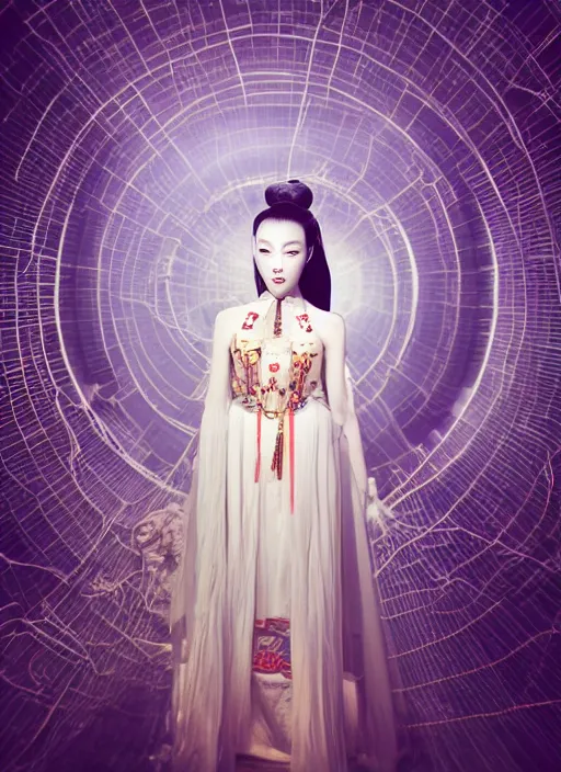 Image similar to photo shoot pose photo of beautiful Chinese ancient princess standing in the corridor in the space ship, symmetrical face, big eyes and lips, looking down, subtle makeup, clean face and body skin,ecstatic expression, ornamental jewelry and ancient translucent clothes, futuristic space ship interrior, wires with lights,depth of field, lens flares, dust in the air, moody lighting, intricate, elegant, highly detailed, centered, smooth, sharp focus, Donato Giancola, Joseph Christian Leyendecker, WLOP, Boris Vallejo, Artgerm moody photography, old photo, black and white, sepia, cinematic lighting, cinematic angle, editorial photography