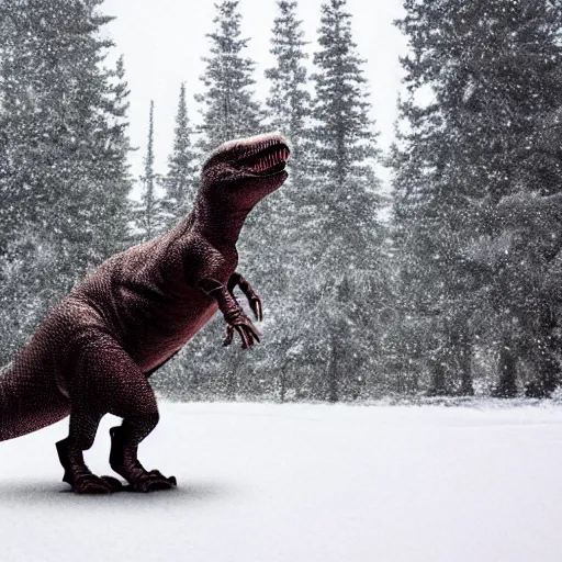 Prompt: a cute t-rex standing in a snowstorm, with pines behind him