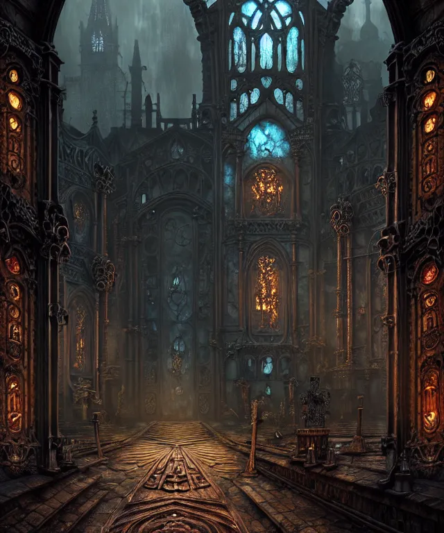 Image similar to steam necropolis, memento mori, gothic, neo - gothic, art nouveau, hyperdetailed copper patina medieval icon, stefan morrell, philippe druillet, ralph mcquarrie, concept art, steampunk, unreal engine, detailed intricate environment, octane render, moody atmospherics, volumetric lighting, ultrasharp, ominous, otherworldly