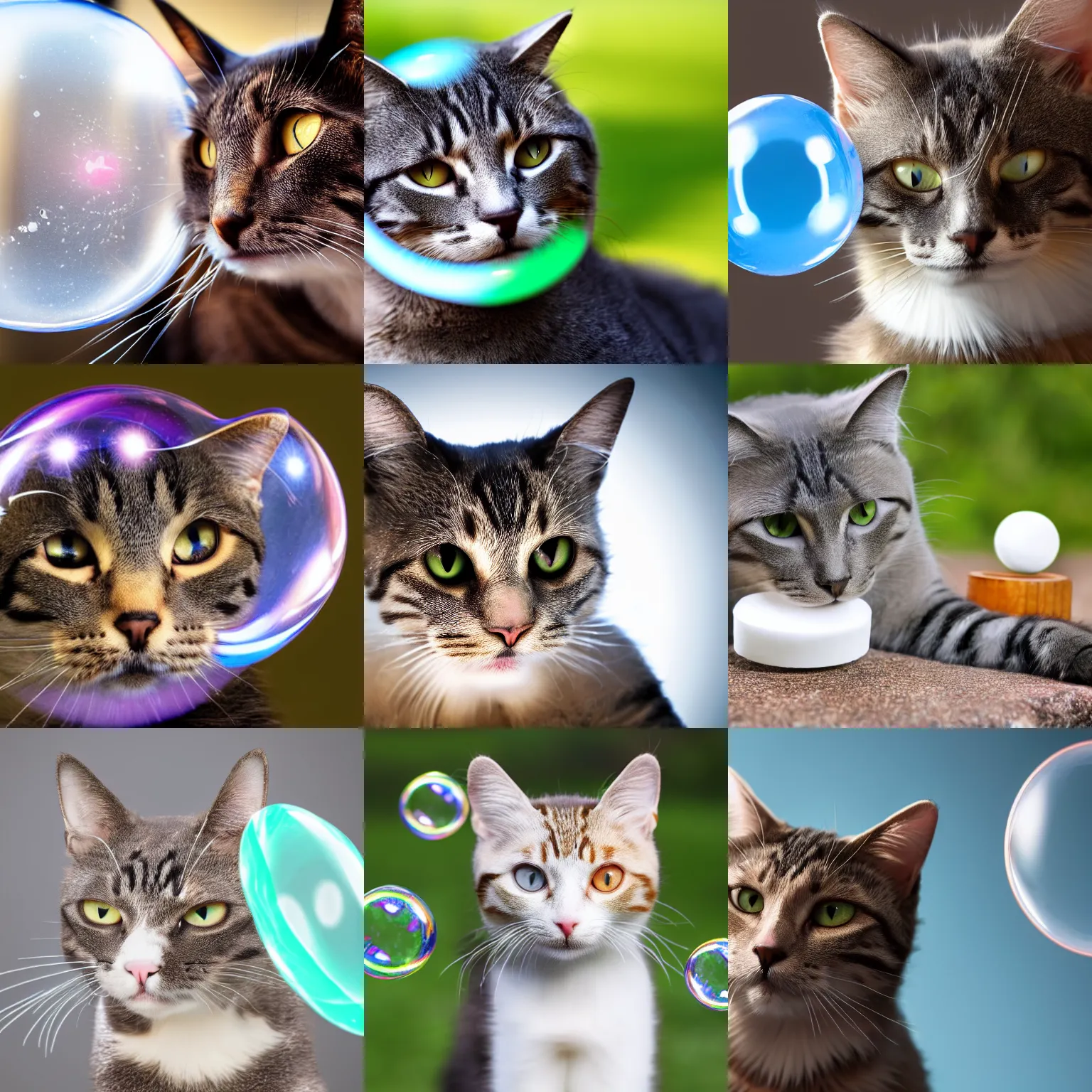 Prompt: Cat with soap bubble around his head in open space 4K