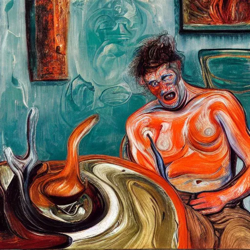 Image similar to high quality high detail expressionist painting of a man in agony by lucian freud and jenny saville edvard munch and francis bacon, hd, anxiety, seated at table, turquoise and orange