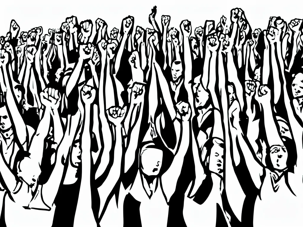 Image similar to black and white, high contrast, pop art of a group of workers raising their fists