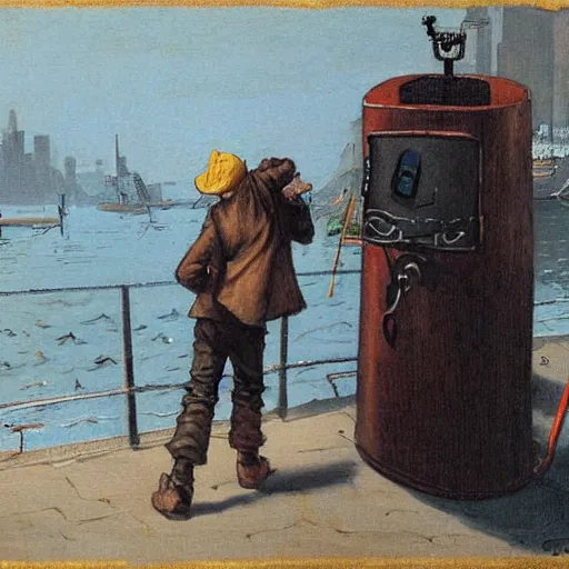 Prompt: a thief, with a briefcase / backpack, talking to a robot at the harbor, fantasy art