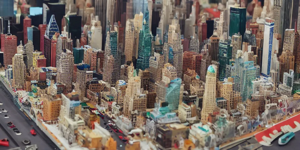 Prompt: a model of manhatten constructed out of fast food cups and packaging, miniature photography, diorama, wide - angle macro lens, art, award - winning, beautiful high resolution