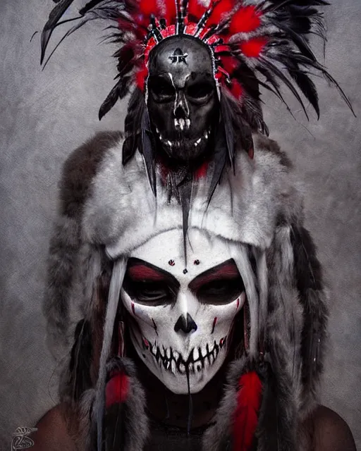 Image similar to the ghost - spirit of the grim - warpaint wears the scarlet skull armor and native blood headdress feathers, midnight fog - mist!, dark oil painting colors, realism, cinematic lighting, various refining methods, micro macro autofocus, ultra definition, award winning photo