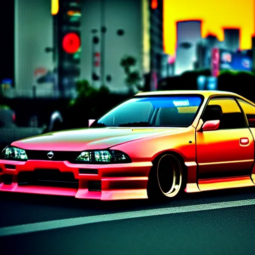 Image similar to a car Nissan Silvia at illegal car meet, Shibuya prefecture, city sunset, cinematic color, photorealistic, highly detailed