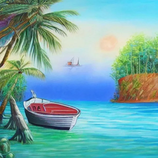 Image similar to a beautiful painting of a boat leaving the dock for paradise.