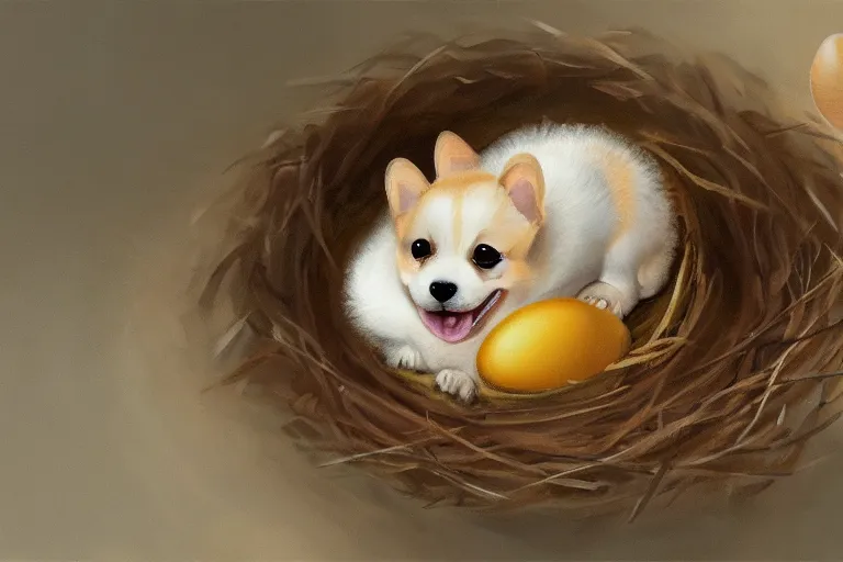 Image similar to a baby corgi crawling out of an egg laying in a nest, fantasy art, oil painting, concept art, 4 k, extremely detailed, realistic,