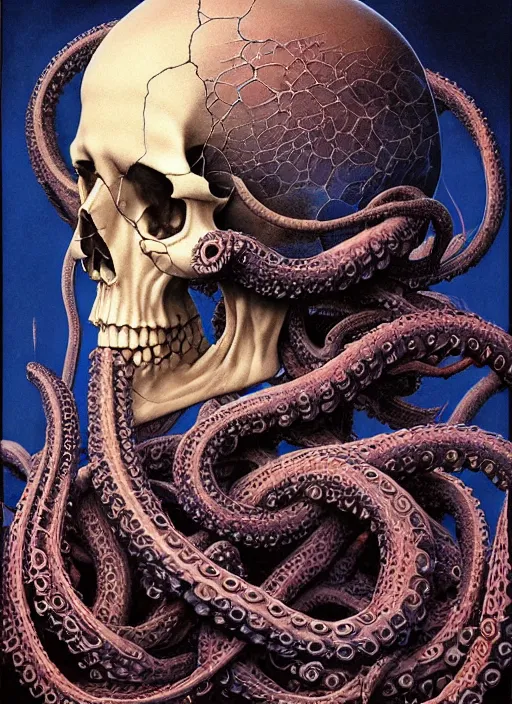 Prompt: a human skull with blue tentacles dramatic lighting, moody, misty, by ayami kojima, amano, karol bak, greg hildebrandt, and mark brooks, neo - gothic, intricate, rich deep colors. beksinski painting, part by takato yamamoto. 8 k masterpiece