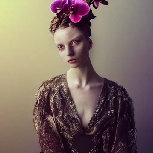 Image similar to long shot kodak portra 4 0 0, 8 k, volumetric lighting, highly detailed, britt marling style 3 / 4 fine art portrait photography in style of paolo roversi, orchid, orchid flower human hybrid, 3 d render 1 5 0 mm lens, art nouveau fashion royal details, elegant hyperrealistic ultra detailed, 8 k