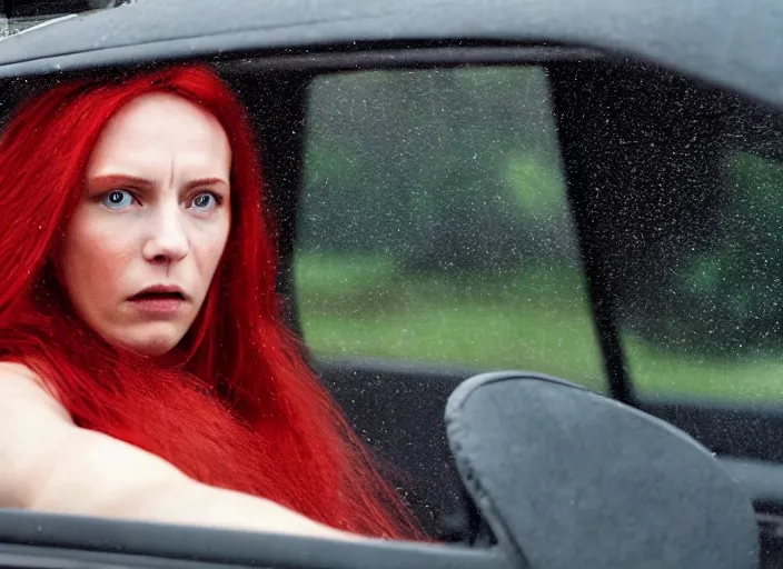 Image similar to A very high resolution image from a new movie, inside of a car, red hair woman, raining, hot, directed by wes anderson