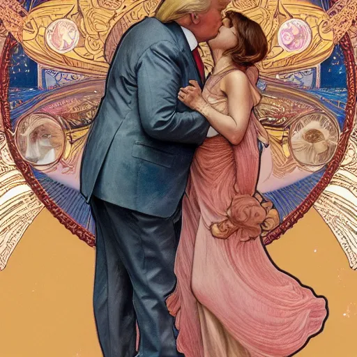 Image similar to donald trump kissing joe biden | highly detailed | very intricate | art nouveau | gold filigree | romantic storybook fantasy | soft cinematic lighting | award - winning | disney watercolor illustration by mandy jurgens and alphonse mucha and alena aenami | pastel color palette | featured on artstation