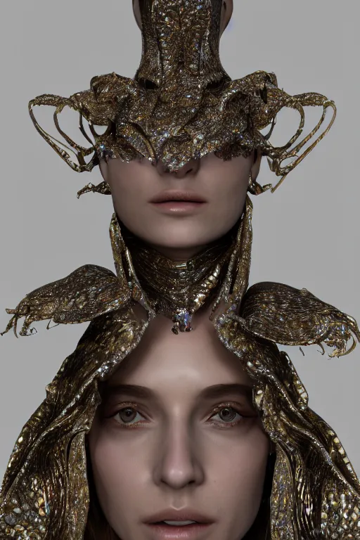 Image similar to a highly detailed medium shot 8 k render portrait of an alien goddess fashion model in iris van herpen dress schiaparelli in diamonds and jewelry in style of alphonse mucha trending on artstation made in unreal engine 4