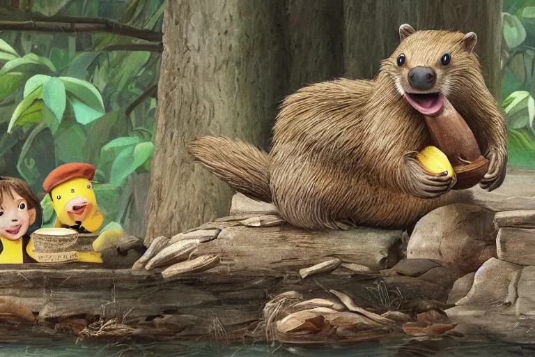 Image similar to a beaver stealing bananas from an orphanage, 4 k, extremely detailed, high quality, award - winning,