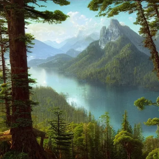 Image similar to a beautiful and highly detailed matte painting of an epic lush mountain range stretching into the distance, fir trees, pine trees, flowers, a lake in the distance, intricate details, epic scale, insanely complex, 8 k, sharp focus, hyperrealism, very realistic, by caspar friedrich, albert bierstadt, greg rutowski, james gurney, zeen chin,