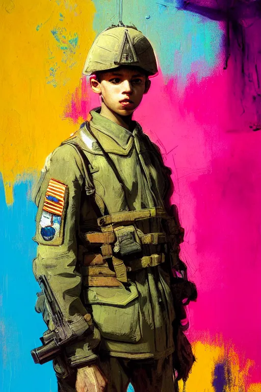 Prompt: portrait of a young soldier boy nor living in a death apademic world, painterly painted in the colors hot pink and cyan, beautiful face, rule of thirds, soldier outfit, spotlight, octane, dramtic lit, award winning photography, by greg rutkowski, by jeremy mann, by francoise nielly, by van gogh, digital painting