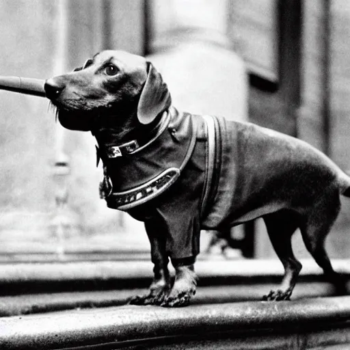 Prompt: a cinematic scene of a steampunk dachsund dog doing a investigation on a crime scene in 1901 new york streets