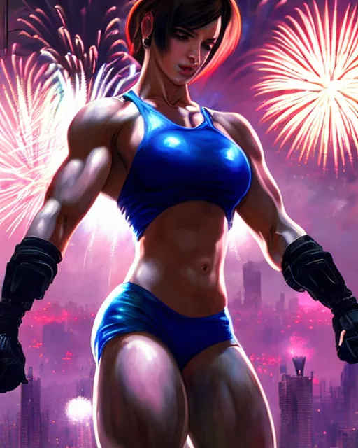 Image similar to gigachad jill valentine bodybuilder jumping in front of a fireworks show fighting in racoon city, fantasy character portrait, ultra realistic, anime key visual, full body concept art, intricate details, highly detailed by greg rutkowski, ilya kuvshinov, gaston bussiere, craig mullins, simon bisley