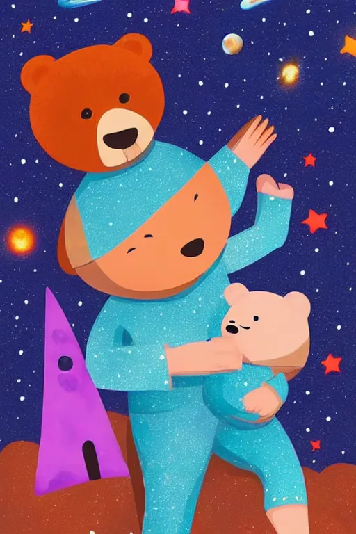 Image similar to a beautiful boy in pajamas and a bear, next to them a ship in the form of a space rocket in the background a galaxy full of stars, a planet full of holes, magic world. colorful, children's book cover