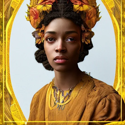 Image similar to kodak portra 4 0 0, 8 k, artstation, soft light, volumetric lighting, highly detailed, britt marling style 3 / 4 portrait photography of a beautiful woman pre - raphaelite, inspired by thandiwe muriu, royal woman wearing ornate art nouveau orchid headdress, realistic, refined, highly detailed